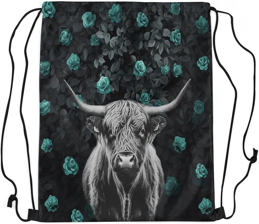 Highland Cow Drawstring Backpack 13x15.7 Floral Rose String Bag Safari Green Black Sackpack Waterproof Cinch Bag