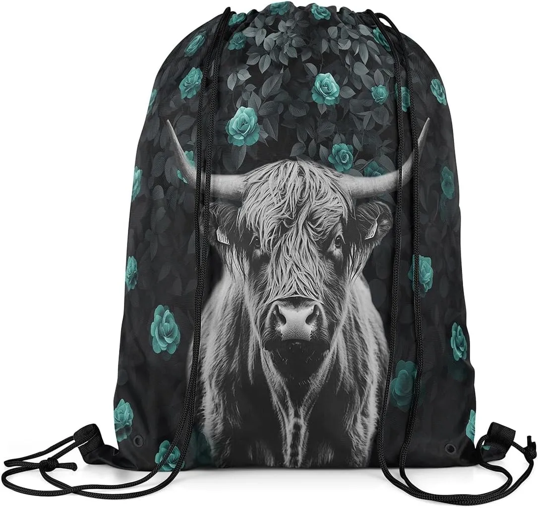 Highland Cow Drawstring Backpack 13x15.7 Floral Rose String Bag Safari Green Black Sackpack Waterproof Cinch Bag