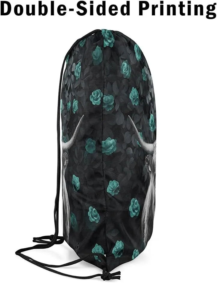 Highland Cow Drawstring Backpack 13x15.7 Floral Rose String Bag Safari Green Black Sackpack Waterproof Cinch Bag