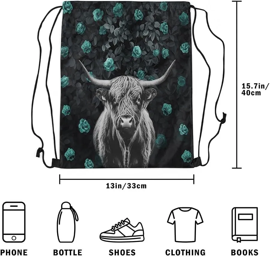 Highland Cow Drawstring Backpack 13x15.7 Floral Rose String Bag Safari Green Black Sackpack Waterproof Cinch Bag