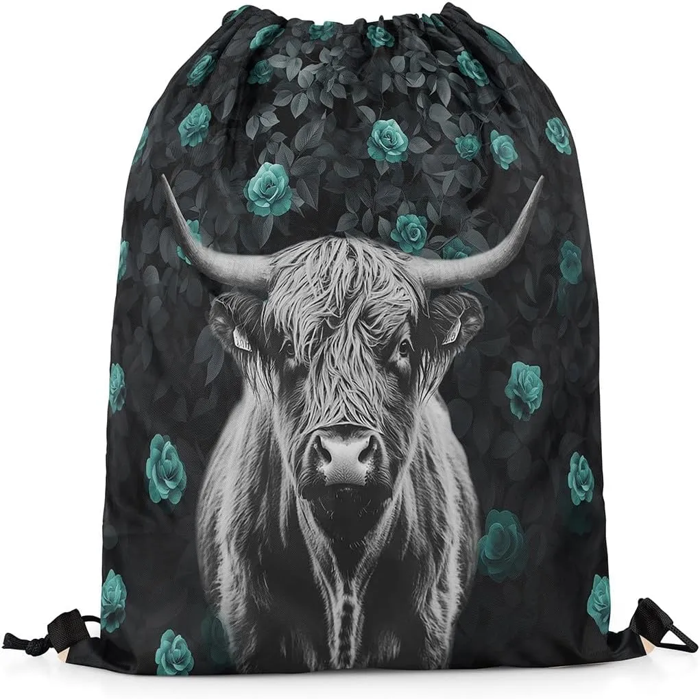 Highland Cow Drawstring Backpack 13x15.7 Floral Rose String Bag Safari Green Black Sackpack Waterproof Cinch Bag