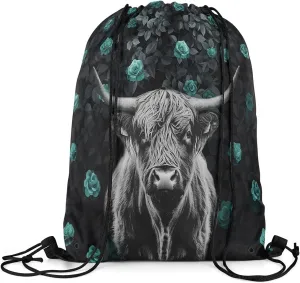 Highland Cow Drawstring Backpack 13x15.7 Floral Rose String Bag Safari Green Black Sackpack Waterproof Cinch Bag