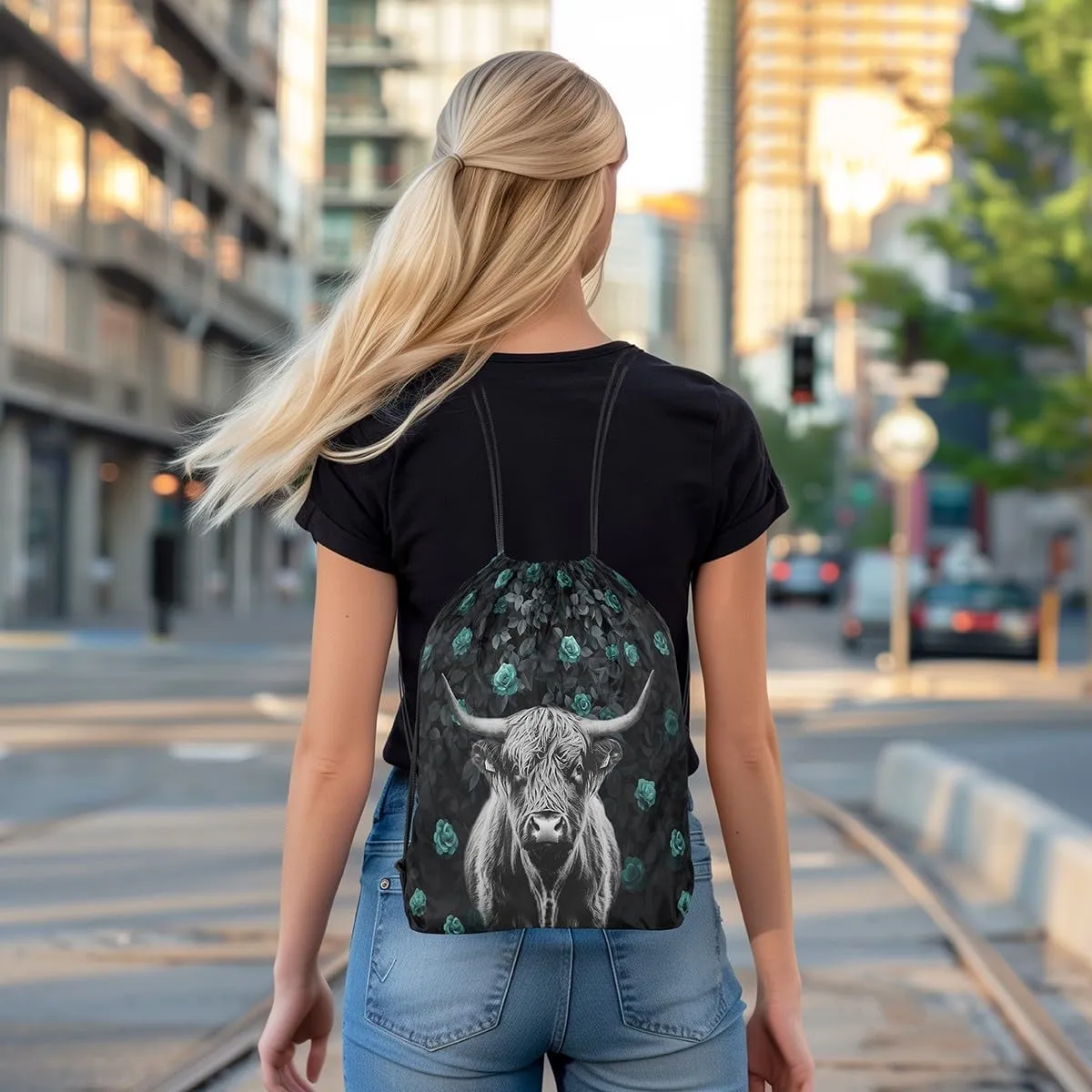Highland Cow Drawstring Backpack 13x15.7 Floral Rose String Bag Safari Green Black Sackpack Waterproof Cinch Bag