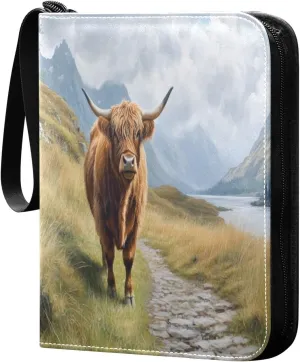 Highland Cow Painting Card Binder 4-Pocket, 400 Pockets PU Waterproof Zippered Collector Card Album with 50 Removable Sleeves for Trading, Game Cards