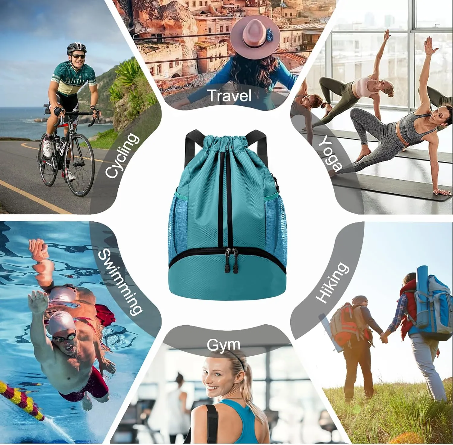 Hoedia Sports Drawstring Backpack - String Swim Gym Bag with Shoes Compartment and Wet Proof Pocket for Women and Men
