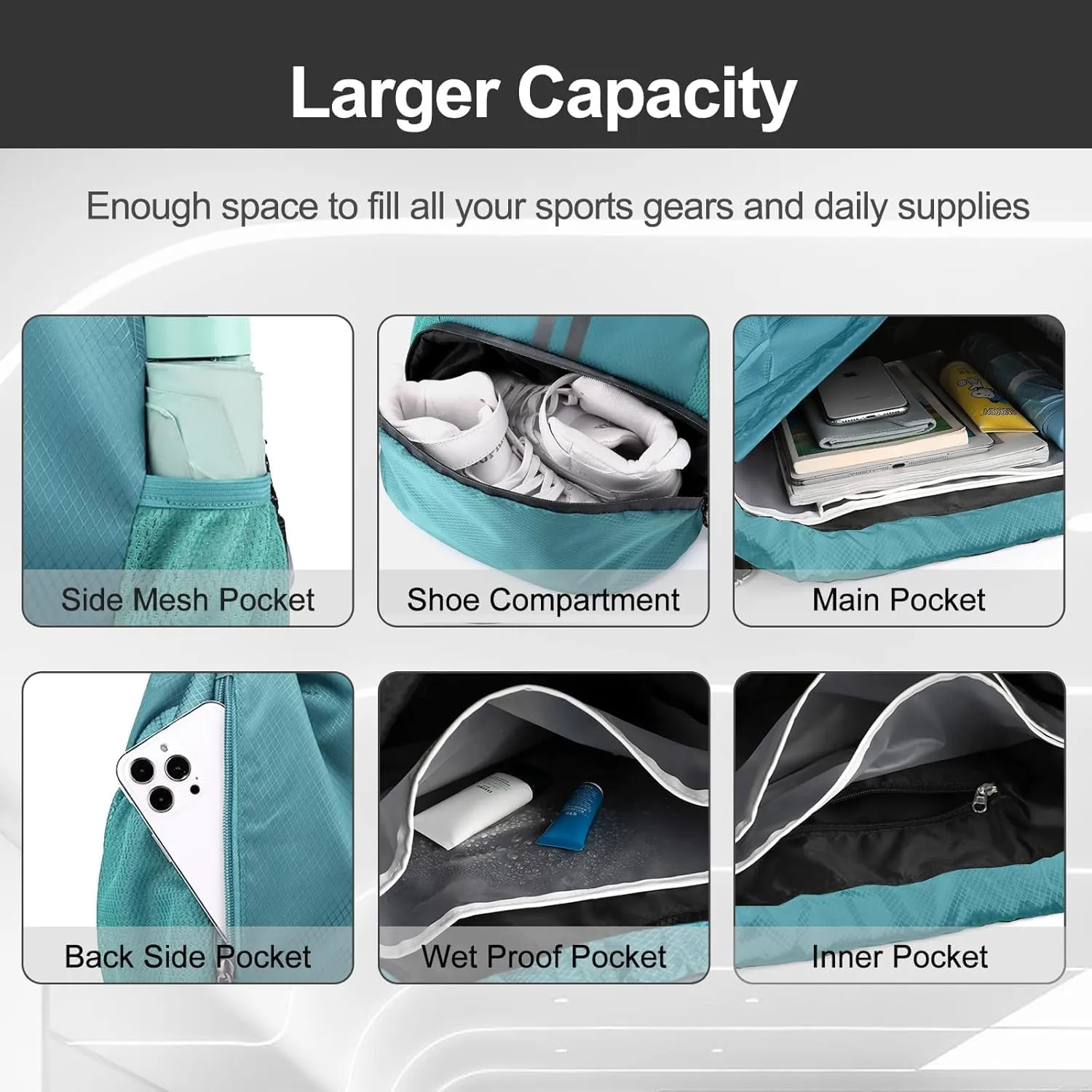 Hoedia Sports Drawstring Backpack - String Swim Gym Bag with Shoes Compartment and Wet Proof Pocket for Women and Men