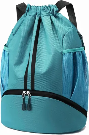 Hoedia Sports Drawstring Backpack - String Swim Gym Bag with Shoes Compartment and Wet Proof Pocket for Women and Men