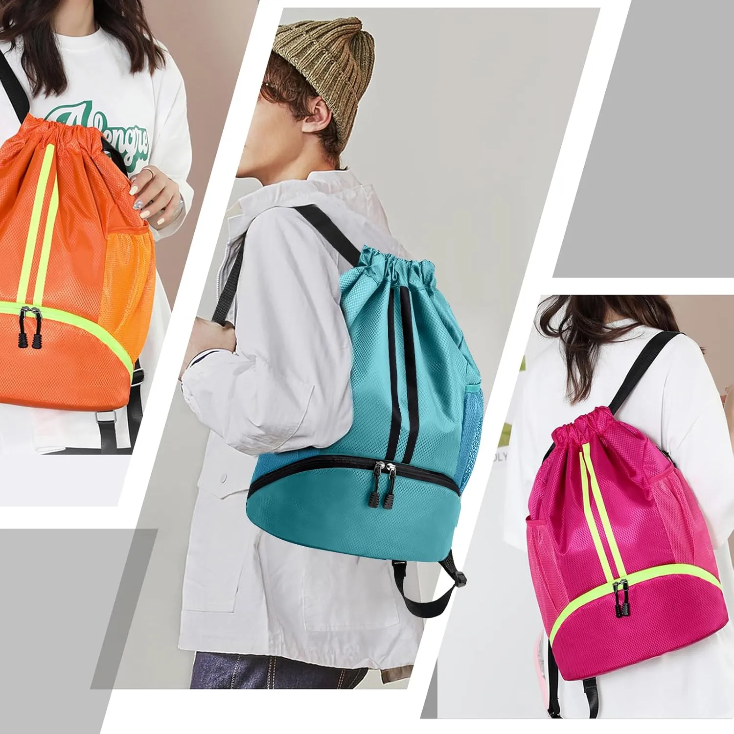 Hoedia Sports Drawstring Backpack - String Swim Gym Bag with Shoes Compartment and Wet Proof Pocket for Women and Men