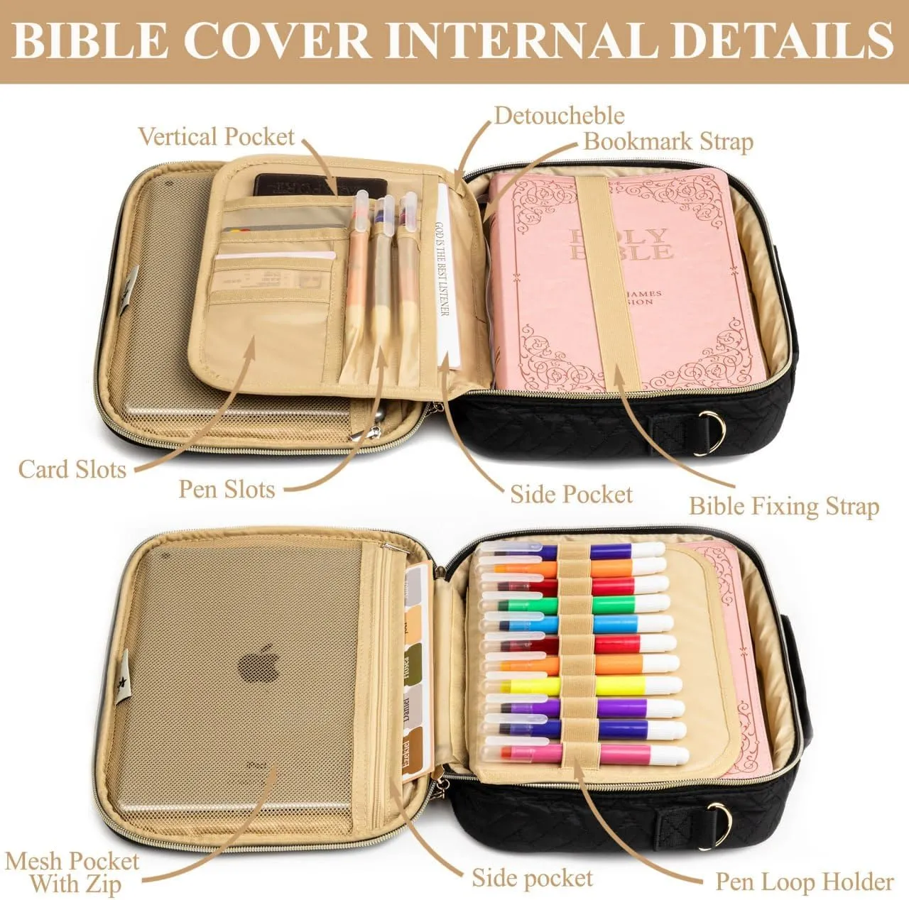 Holly Bible Cover for Women - Bible Hand Bag with Shoulder Strap - Large Bible Carrying Zipper Case for Girls Black, Medium