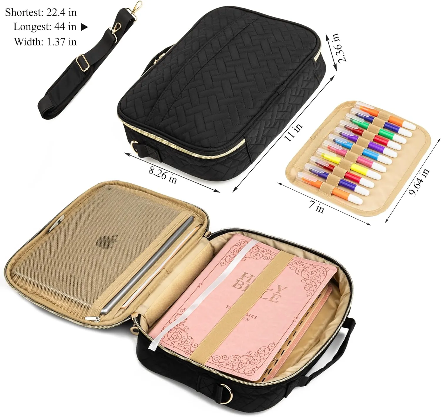 Holly Bible Cover for Women - Bible Hand Bag with Shoulder Strap - Large Bible Carrying Zipper Case for Girls Black, Medium