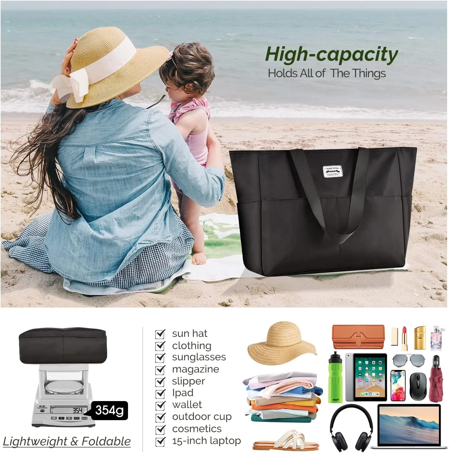 HOMESPON Large Waterproof Beach Bag for Women Sandproof Tote Bag Pool Bag with Zipper and Pockets for Travel Vacation Gym