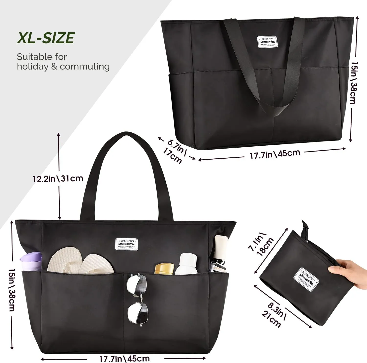 HOMESPON Large Waterproof Beach Bag for Women Sandproof Tote Bag Pool Bag with Zipper and Pockets for Travel Vacation Gym
