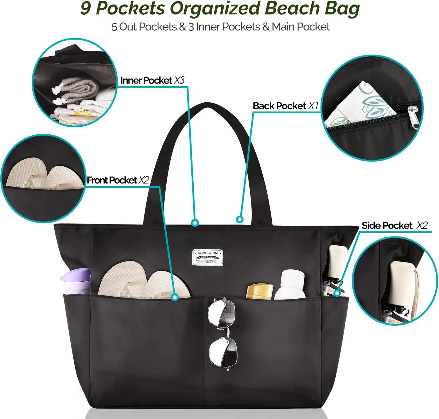 HOMESPON Large Waterproof Beach Bag for Women Sandproof Tote Bag Pool Bag with Zipper and Pockets for Travel Vacation Gym