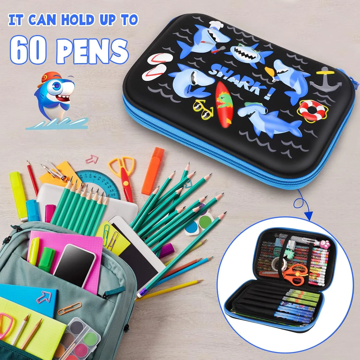 homicozy Pencil Case for Boys,Cool Shark Stationery Set for Kids,3D EVA School Pencil Box Organizer with Compartment,School Supplies for Kids Back to School Gifts