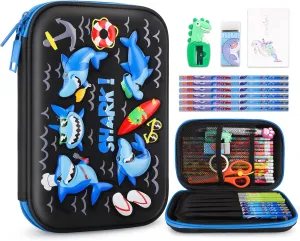homicozy Pencil Case for Boys,Cool Shark Stationery Set for Kids,3D EVA School Pencil Box Organizer with Compartment,School Supplies for Kids Back to School Gifts