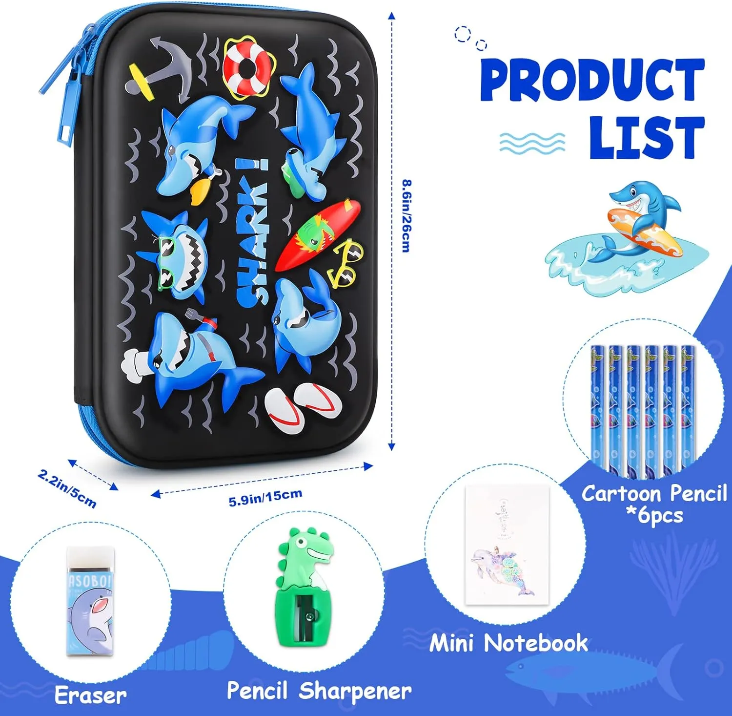 homicozy Pencil Case for Boys,Cool Shark Stationery Set for Kids,3D EVA School Pencil Box Organizer with Compartment,School Supplies for Kids Back to School Gifts