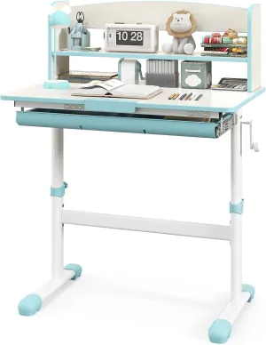 HONEY JOY Kids Desk, Children School Study Desk w/ 7-Level Tiltable Desktop, Height Adjustable Wooden Table w/Bookshelf & Pull-Out Drawer, Student Writing Workstation, Desk for Girls Boys (Blue)
