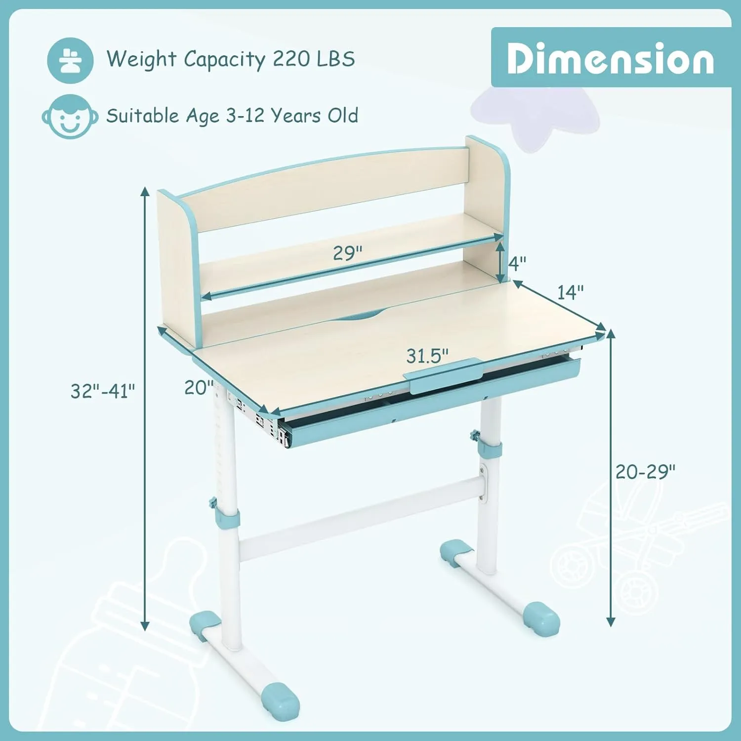 HONEY JOY Kids Desk, Children School Study Desk w/ 7-Level Tiltable Desktop, Height Adjustable Wooden Table w/Bookshelf & Pull-Out Drawer, Student Writing Workstation, Desk for Girls Boys (Blue)
