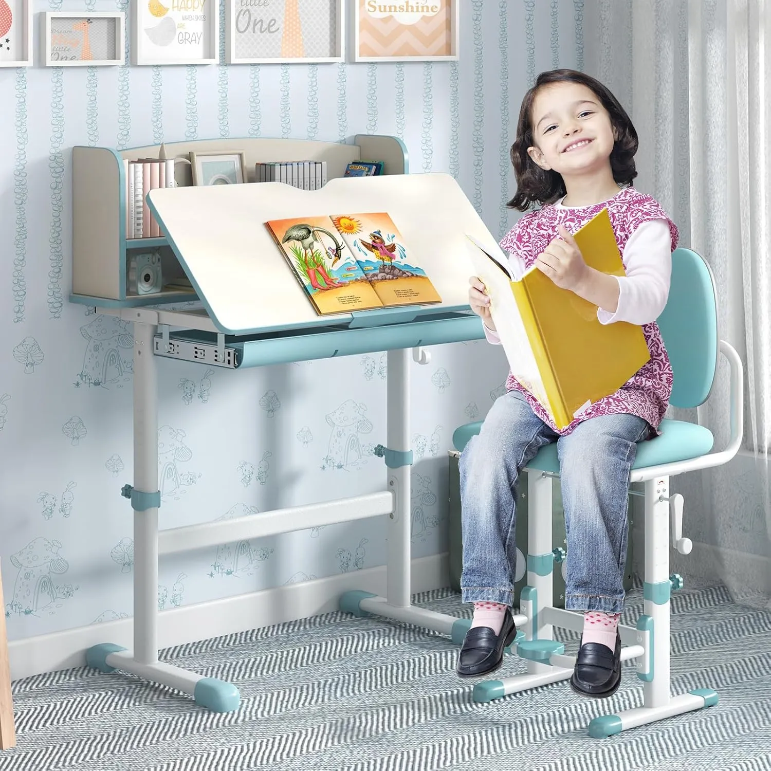 HONEY JOY Kids Desk, Children School Study Desk w/ 7-Level Tiltable Desktop, Height Adjustable Wooden Table w/Bookshelf & Pull-Out Drawer, Student Writing Workstation, Desk for Girls Boys (Blue)