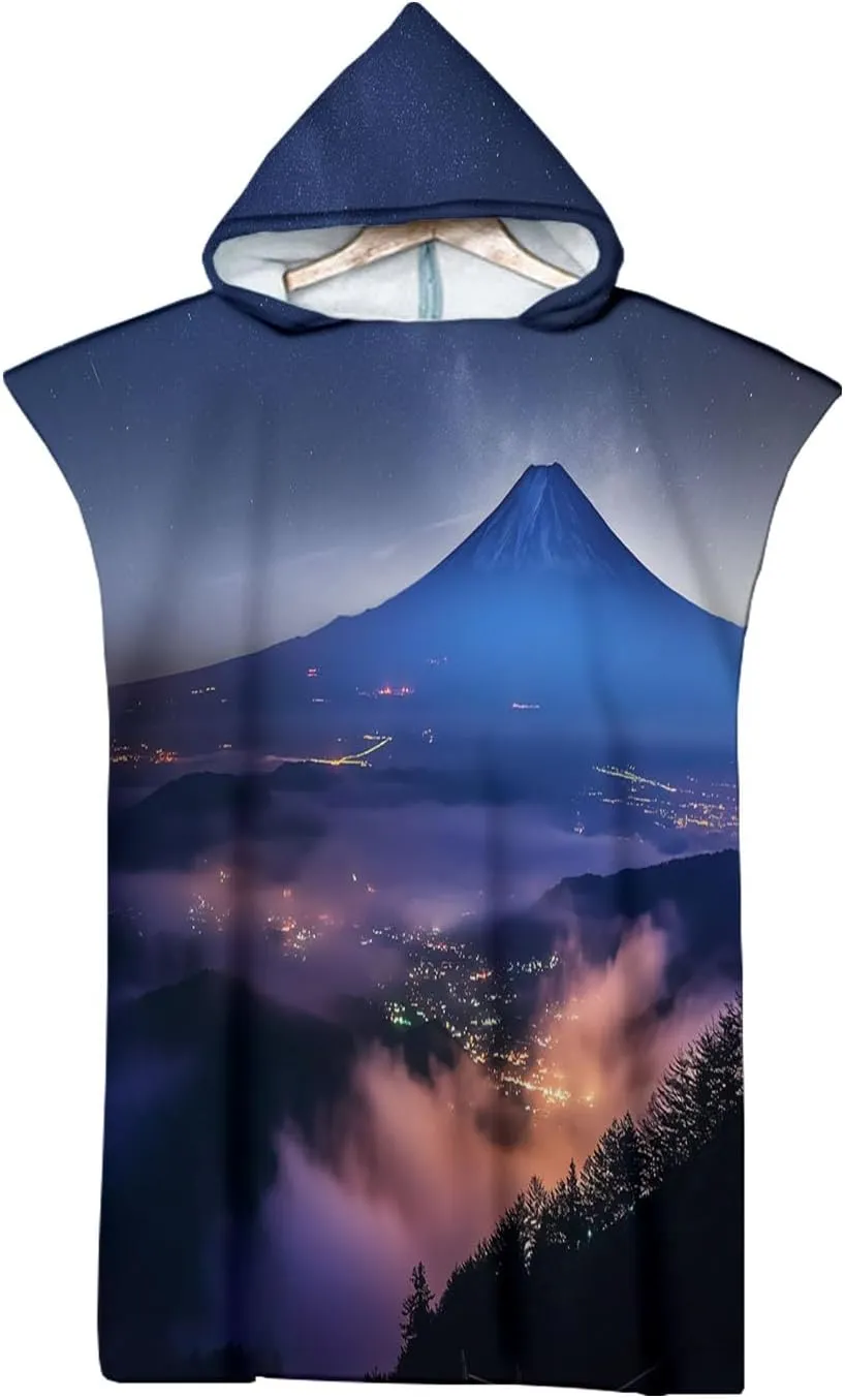 Hooded Beach Towels Sandproof, Oversized Volcano Landscape Night View Quick Dry Surfing Poncho Changing Towel Robe for Adults Men Women, Microfibers Swimming Diving Adults Poncho