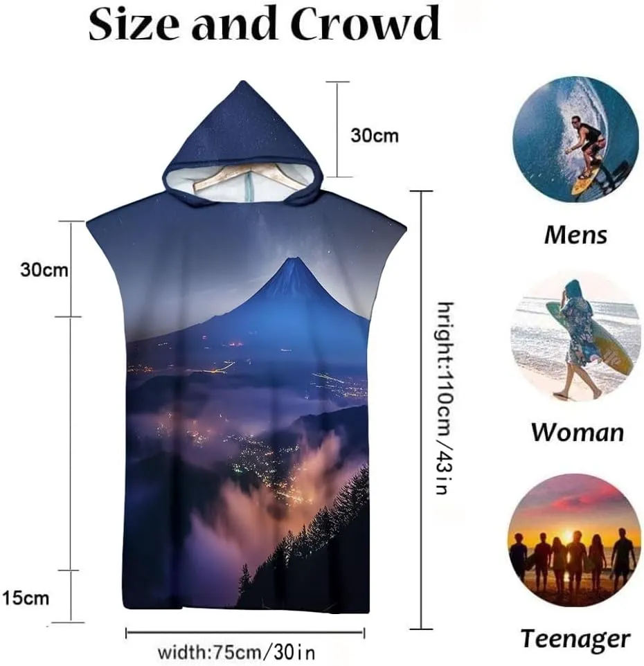Hooded Beach Towels Sandproof, Oversized Volcano Landscape Night View Quick Dry Surfing Poncho Changing Towel Robe for Adults Men Women, Microfibers Swimming Diving Adults Poncho