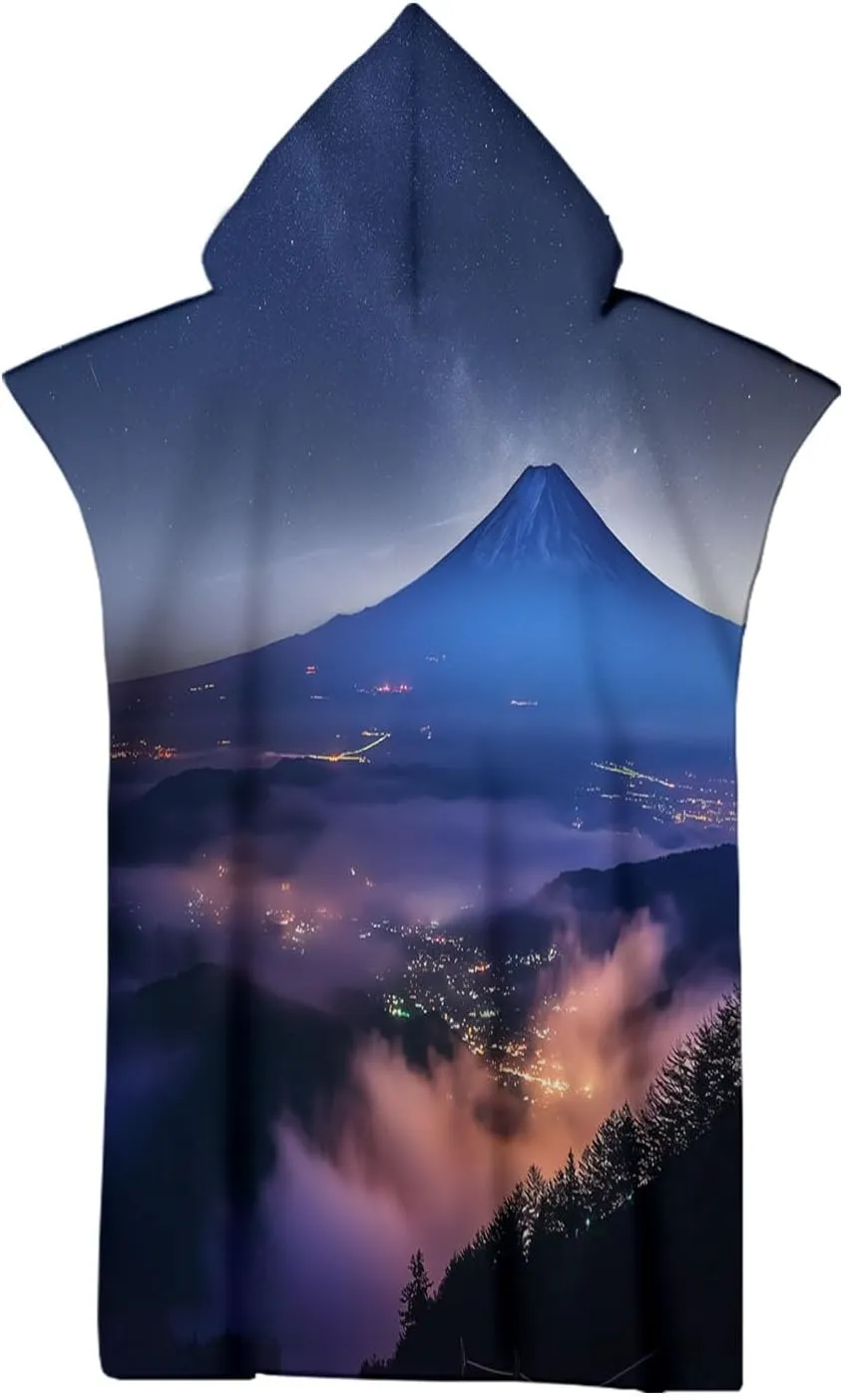 Hooded Beach Towels Sandproof, Oversized Volcano Landscape Night View Quick Dry Surfing Poncho Changing Towel Robe for Adults Men Women, Microfibers Swimming Diving Adults Poncho