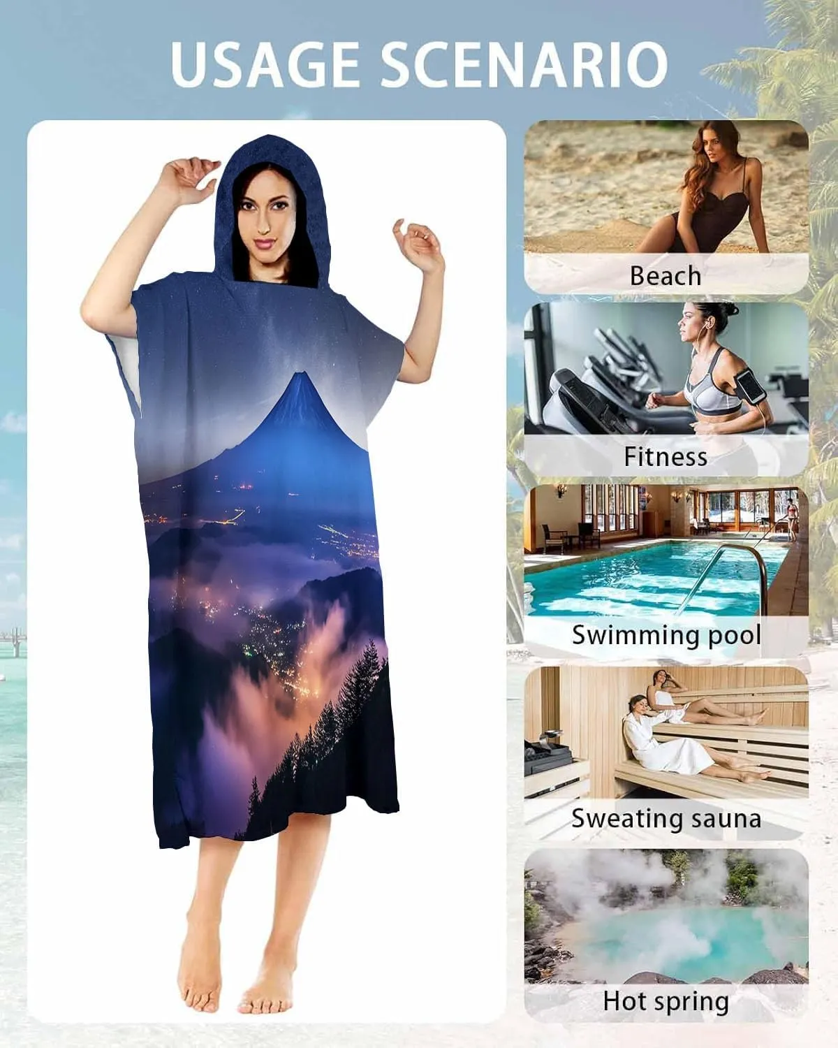 Hooded Beach Towels Sandproof, Oversized Volcano Landscape Night View Quick Dry Surfing Poncho Changing Towel Robe for Adults Men Women, Microfibers Swimming Diving Adults Poncho