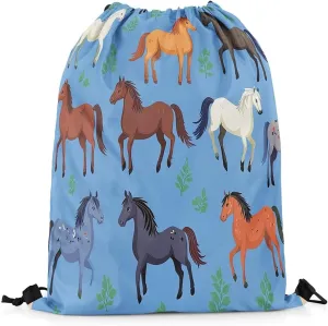 Horse Apron 13X15.7,Wild Animal Drawstring Bags,Cartoon Horse Foldable Draw String Back Bag,Grass String Backpack for Sport Gym Swim Yoga Camping Traveling Trip,Blue Green