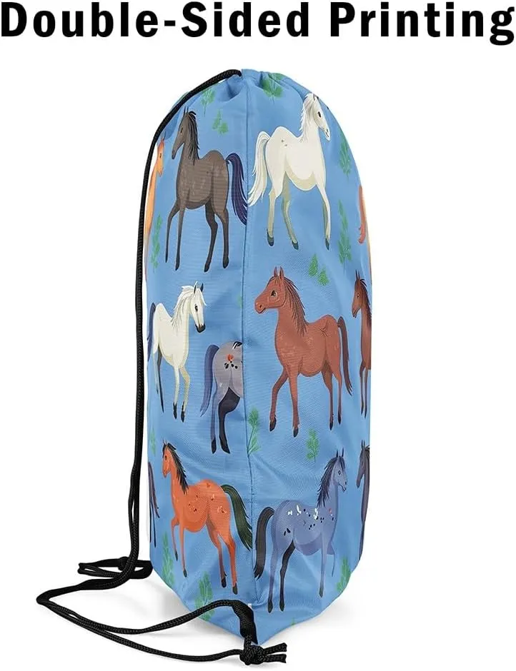 Horse Apron 13X15.7,Wild Animal Drawstring Bags,Cartoon Horse Foldable Draw String Back Bag,Grass String Backpack for Sport Gym Swim Yoga Camping Traveling Trip,Blue Green
