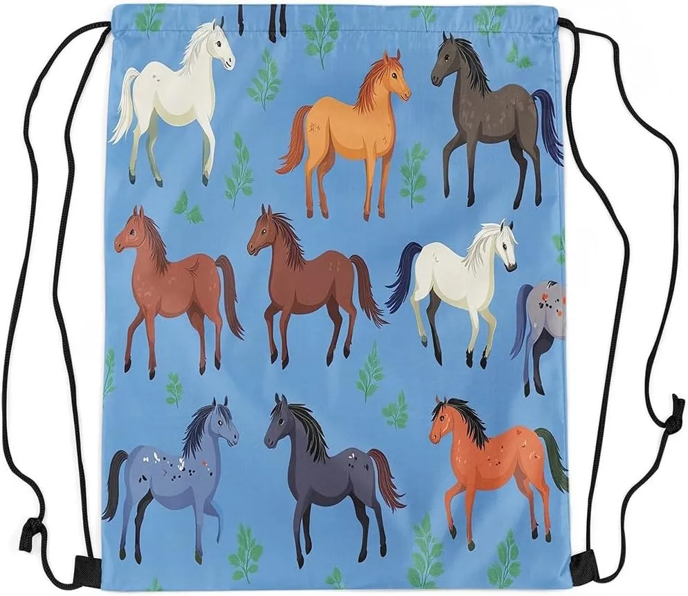 Horse Apron 13X15.7,Wild Animal Drawstring Bags,Cartoon Horse Foldable Draw String Back Bag,Grass String Backpack for Sport Gym Swim Yoga Camping Traveling Trip,Blue Green