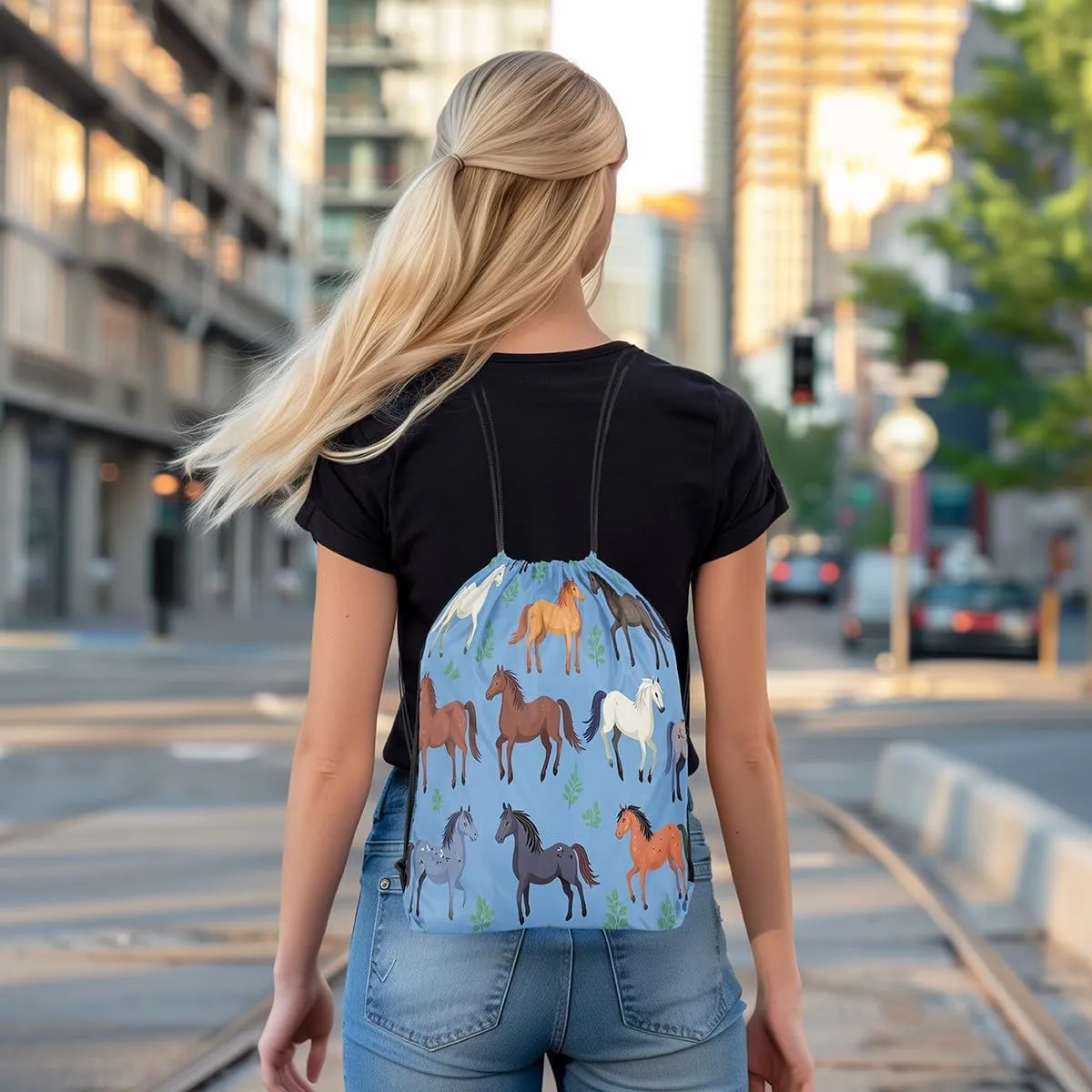 Horse Apron 13X15.7,Wild Animal Drawstring Bags,Cartoon Horse Foldable Draw String Back Bag,Grass String Backpack for Sport Gym Swim Yoga Camping Traveling Trip,Blue Green