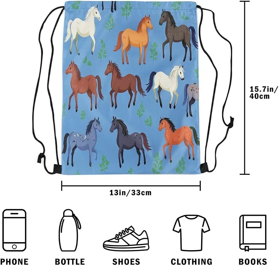 Horse Apron 13X15.7,Wild Animal Drawstring Bags,Cartoon Horse Foldable Draw String Back Bag,Grass String Backpack for Sport Gym Swim Yoga Camping Traveling Trip,Blue Green