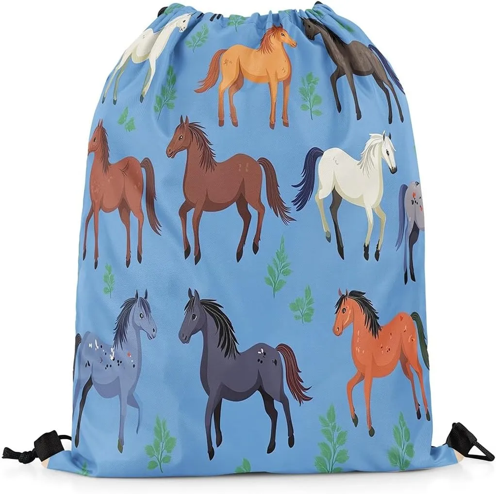 Horse Apron 13X15.7,Wild Animal Drawstring Bags,Cartoon Horse Foldable Draw String Back Bag,Grass String Backpack for Sport Gym Swim Yoga Camping Traveling Trip,Blue Green