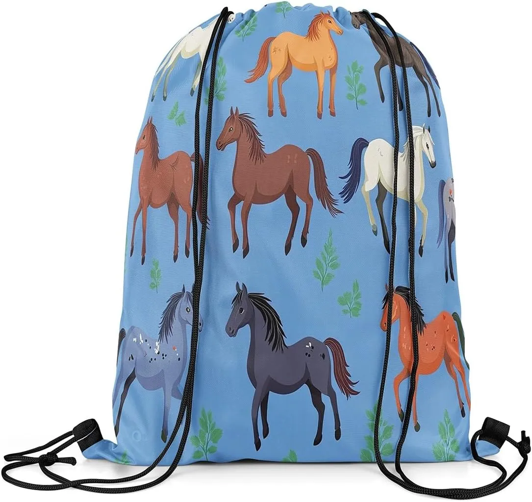Horse Apron 13X15.7,Wild Animal Drawstring Bags,Cartoon Horse Foldable Draw String Back Bag,Grass String Backpack for Sport Gym Swim Yoga Camping Traveling Trip,Blue Green