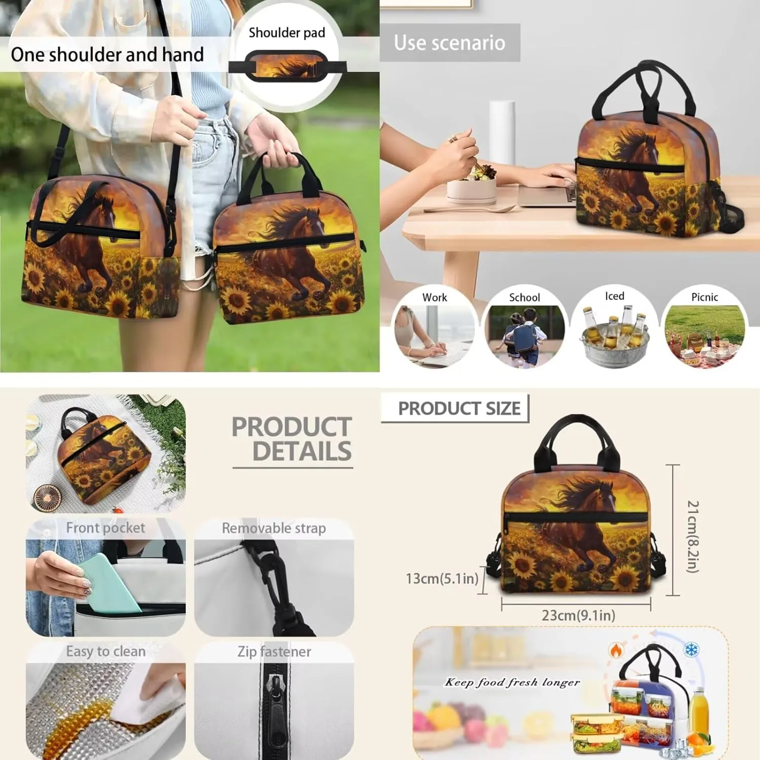 Horse Kids Bookbags for Boys Ages 5 To 8 with Water Bottle Pocket 3PCS Backpack Set with Insulated Lunch Bag and Zipper Pencil Case Lightweight Trendy Bookbag Used for Back to School
