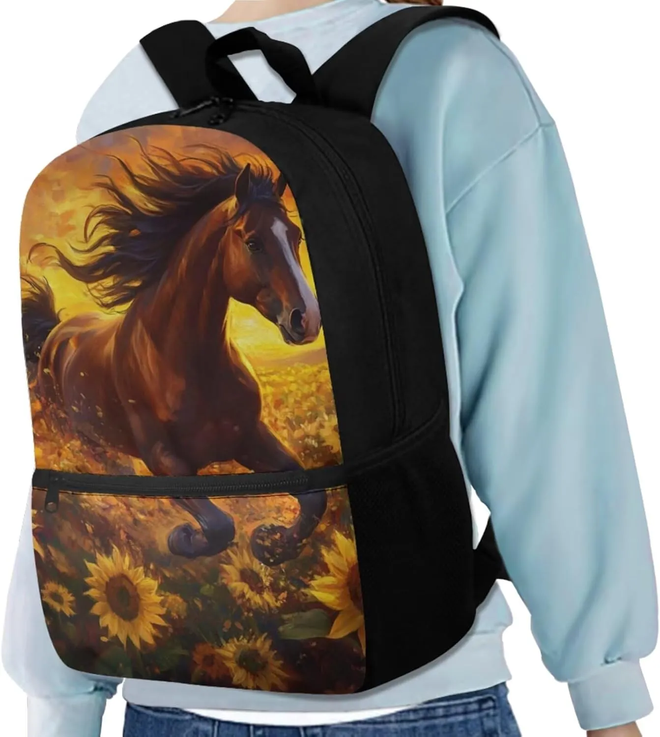 Horse Kids Bookbags for Boys Ages 5 To 8 with Water Bottle Pocket 3PCS Backpack Set with Insulated Lunch Bag and Zipper Pencil Case Lightweight Trendy Bookbag Used for Back to School