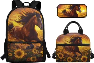 Horse Kids Bookbags for Boys Ages 5 To 8 with Water Bottle Pocket 3PCS Backpack Set with Insulated Lunch Bag and Zipper Pencil Case Lightweight Trendy Bookbag Used for Back to School