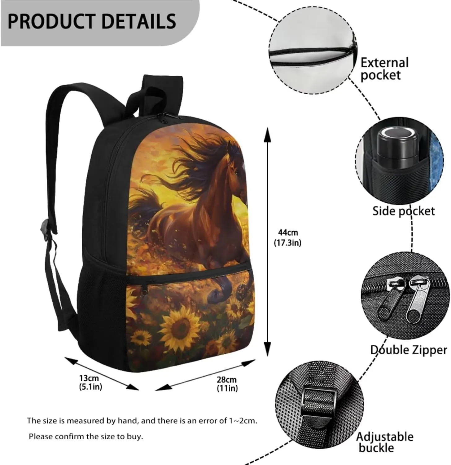 Horse Kids Bookbags for Boys Ages 5 To 8 with Water Bottle Pocket 3PCS Backpack Set with Insulated Lunch Bag and Zipper Pencil Case Lightweight Trendy Bookbag Used for Back to School