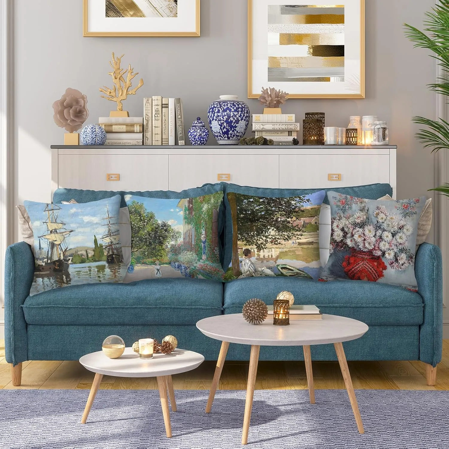 HOSTECCO Monet Throw Pillow Covers Set of 4 Decorative Painting Pillow Cases Farmhouse Cushion Covers 18x18 inch/45x45 cm…