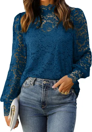 HOTOUCH Womens Lace Tops Mesh Sheer Floral Long Sleeve Mock Neck Casual Dressy Blouse Shirt with Camisole Sexy 2 PCS Set