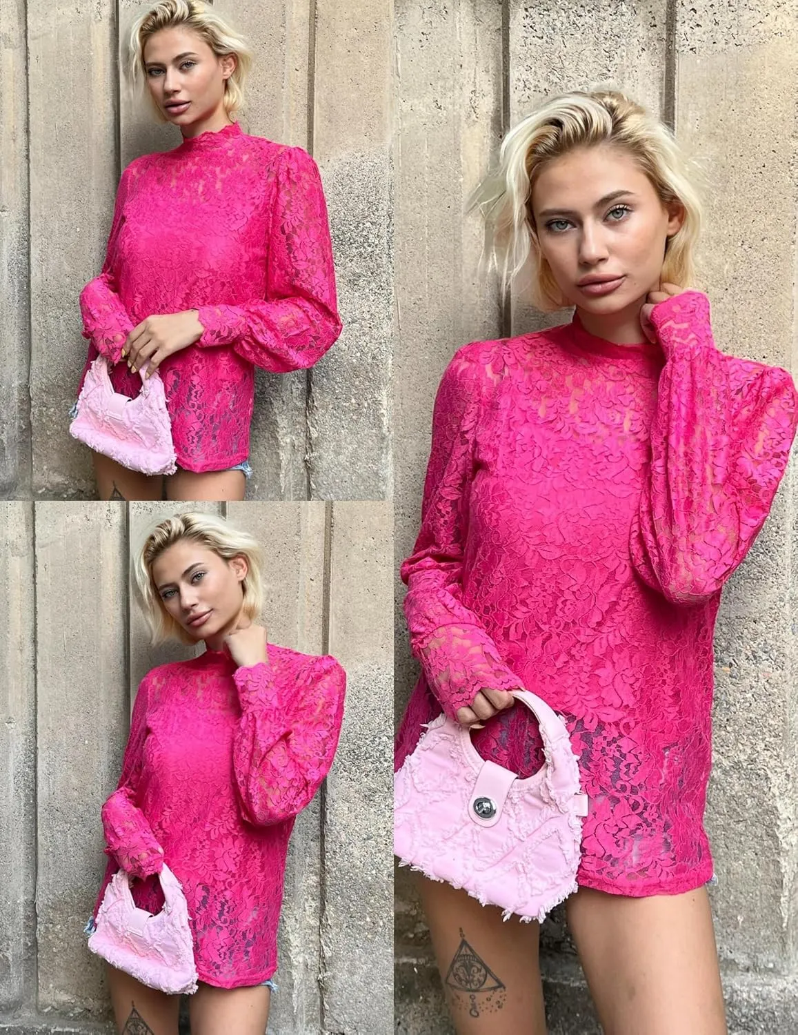 HOTOUCH Womens Lace Tops Mesh Sheer Floral Long Sleeve Mock Neck Casual Dressy Blouse Shirt with Camisole Sexy 2 PCS Set