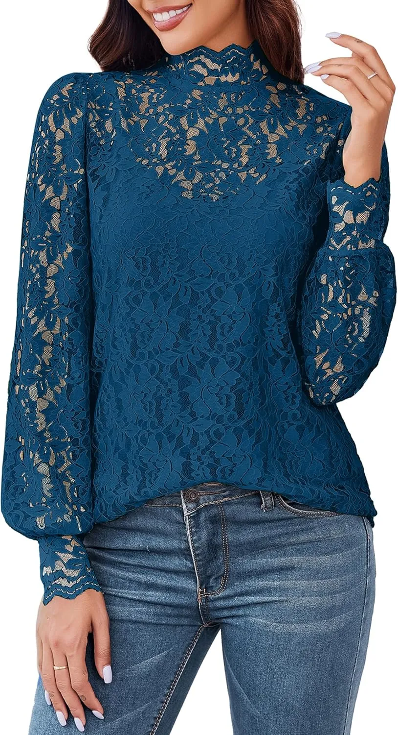 HOTOUCH Womens Lace Tops Mesh Sheer Floral Long Sleeve Mock Neck Casual Dressy Blouse Shirt with Camisole Sexy 2 PCS Set