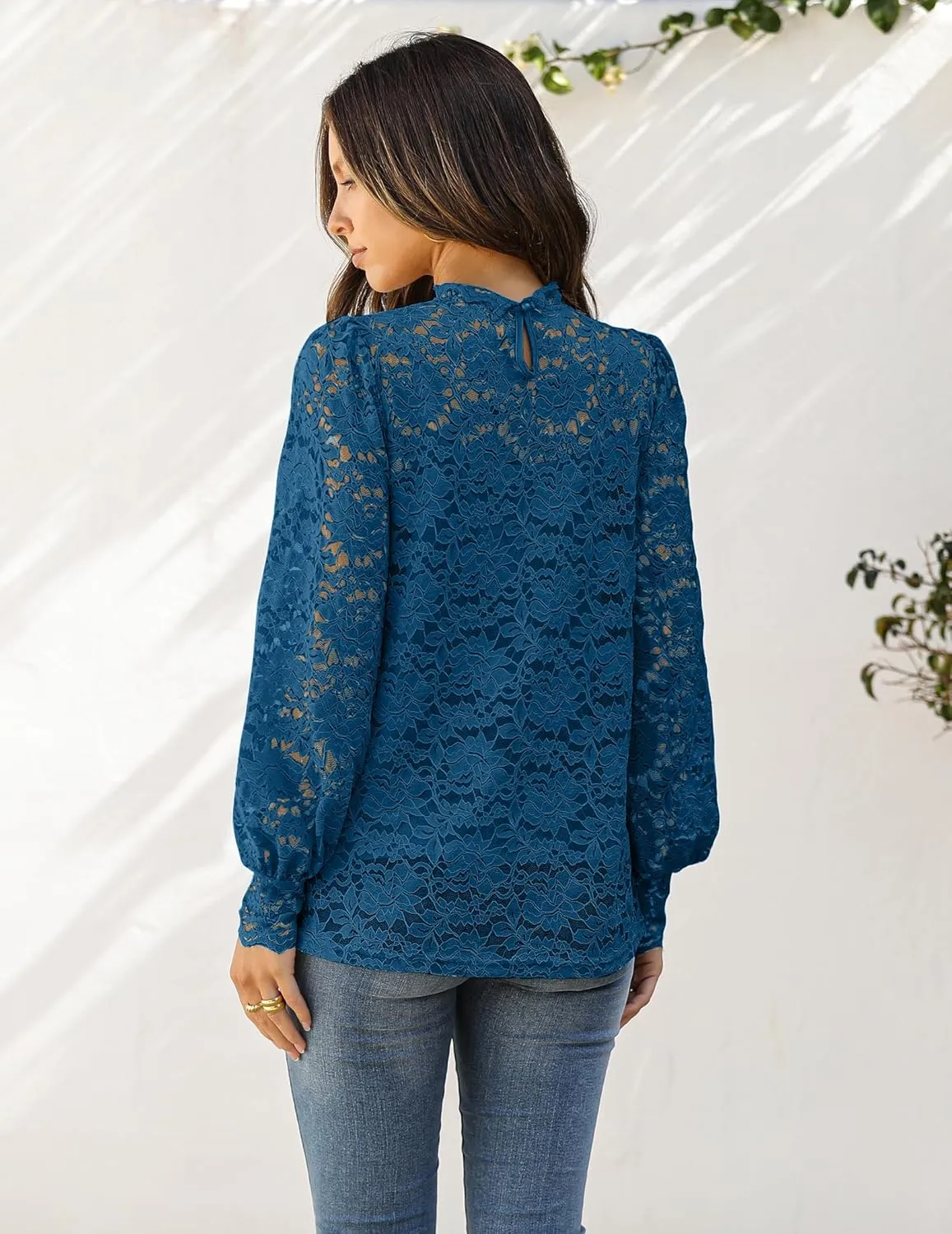 HOTOUCH Womens Lace Tops Mesh Sheer Floral Long Sleeve Mock Neck Casual Dressy Blouse Shirt with Camisole Sexy 2 PCS Set