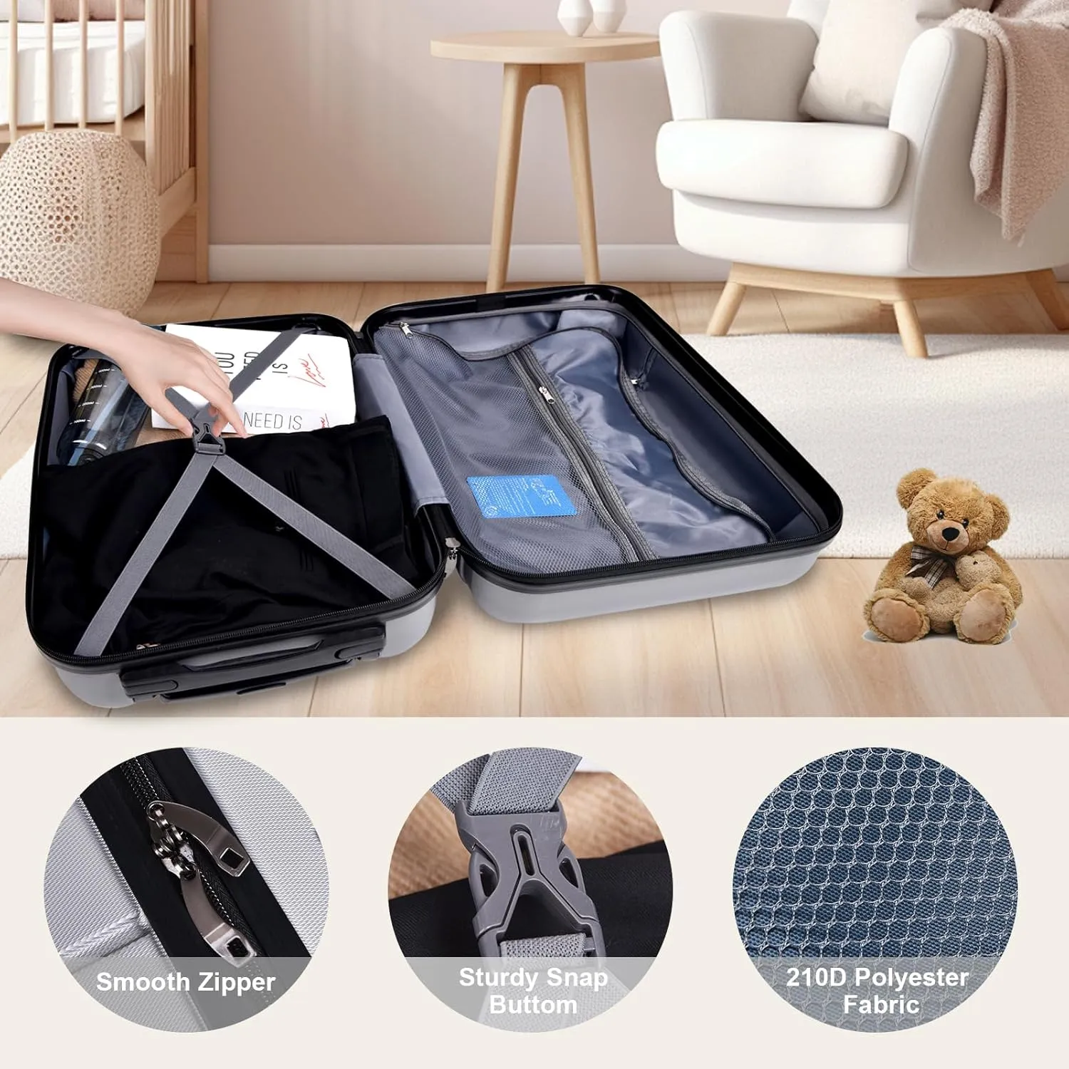 HOUAGI 24" Checked Medium Luggage,Hard Shell Suitcase with Spinner Wheels,Lightweight Travel Luggage Suitcases with TSA Lock for Women Men,Silver Grey