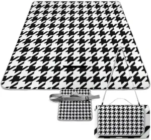 Houndstooth Black Waterproof Outdoor Picnic Blanket Sandproof Beach Mat for Camping Hiking Grass Travelling, 58.3x58.3in