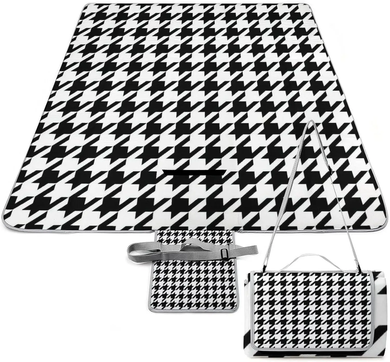 Houndstooth Black Waterproof Outdoor Picnic Blanket Sandproof Beach Mat for Camping Hiking Grass Travelling, 58.3x58.3in