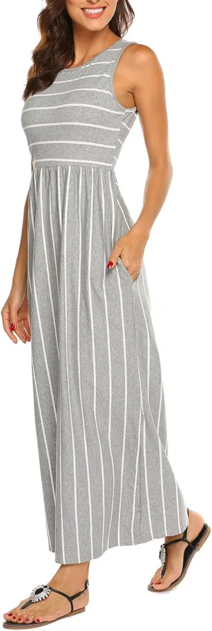 Hount Women's Summer Sleeveless Striped Flowy Casual Long Maxi Dress with Pockets