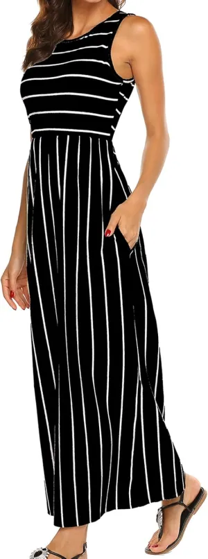 Hount Women's Summer Sleeveless Striped Flowy Casual Long Maxi Dress with Pockets