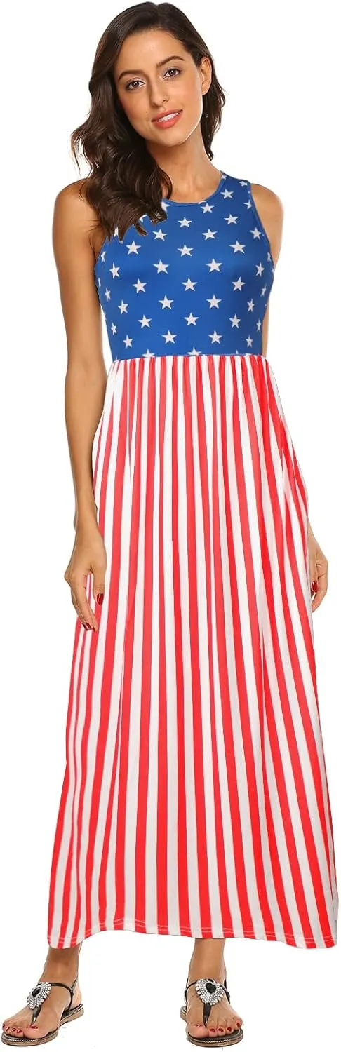 Hount Women's Summer Sleeveless Striped Flowy Casual Long Maxi Dress with Pockets