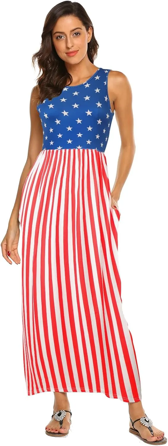 Hount Women's Summer Sleeveless Striped Flowy Casual Long Maxi Dress with Pockets